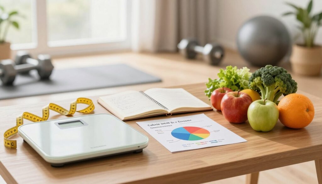A balanced and dynamic workspace representing a calorie deficit and reduction plan. In the foreground, a wooden table is neatly arranged with a digital scale, measuring tape, and a colorful assortment of fresh fruits and vegetables symbolizing healthy eating. In the middle ground, an open notebook with handwritten notes and a colorful pie chart illustrating calorie intake versus expenditure. The background features a soft-focused gym setting with light weights and a yoga mat, suggesting a space for exercise and wellness. Natural light streams through the window, creating a warm and motivating atmosphere. The overall mood is encouraging and focused, ideal for someone planning their dietary goals and managing hunger effectively. A balanced and dynamic workspace representing a calorie deficit and reduction plan. In the foreground, a wooden table is neatly arranged with a digital scale, measuring tape, and a colorful assortment of fresh fruits and vegetables symbolizing healthy eating. In the middle ground, an open notebook with handwritten notes and a colorful pie chart illustrating calorie intake versus expenditure. The background features a soft-focused gym setting with light weights and a yoga mat, suggesting a space for exercise and wellness. Natural light streams through the window, creating a warm and motivating atmosphere. The overall mood is encouraging and focused, ideal for someone planning their dietary goals and managing hunger effectively.