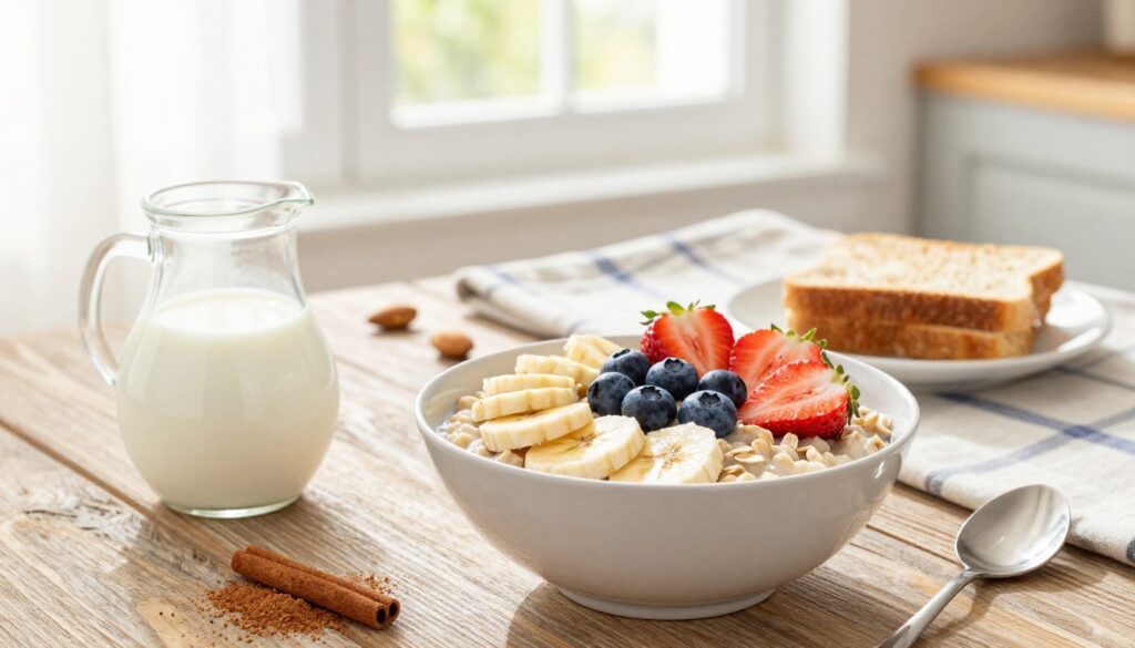 A beautiful, healthy breakfast scene featuring a bowl of oatmeal topped with a variety of fresh fruits like sliced bananas, strawberries, and blueberries, placed on a rustic wooden table. In the foreground, a small jug of almond milk and a sprinkle of cinnamon add a touch of warmth. The middle section showcases a bright and inviting breakfast setup with a softly colored tablecloth, a few scattered nuts, and a small plate of whole-grain toast. The background features a sunlit kitchen window, with soft natural light filtering through sheer curtains, creating a cozy and uplifting atmosphere. The image should evoke a sense of nourishment and well-being, ideal for a stylish, health-focused breakfast. A beautiful, healthy breakfast scene featuring a bowl of oatmeal topped with a variety of fresh fruits like sliced bananas, strawberries, and blueberries, placed on a rustic wooden table. In the foreground, a small jug of almond milk and a sprinkle of cinnamon add a touch of warmth. The middle section showcases a bright and inviting breakfast setup with a softly colored tablecloth, a few scattered nuts, and a small plate of whole-grain toast. The background features a sunlit kitchen window, with soft natural light filtering through sheer curtains, creating a cozy and uplifting atmosphere. The image should evoke a sense of nourishment and well-being, ideal for a stylish, health-focused breakfast.