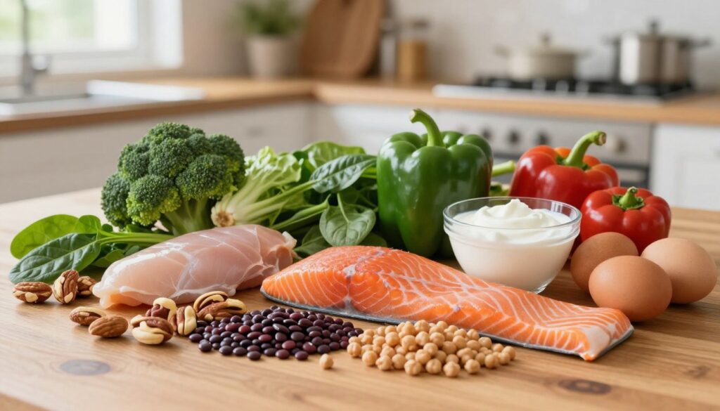 A beautifully arranged display of protein sources essential for a reduction diet, featuring a wooden table in the foreground. Showcase a variety of foods: lean chicken breast, salmon fillets, fresh eggs, Greek yogurt, legumes like lentils and chickpeas, and a selection of nuts. Surround these protein-rich foods with vibrant green vegetables, such as broccoli, spinach, and bell peppers, creating a harmonious balance. The middle ground should be softly blurred to keep focus on the food items, while the background features a warm, inviting kitchen with natural light filtering through a window, enhancing the mood of healthy eating. Use an overhead angle to capture the entire setup beautifully, emphasizing the variety and richness of protein sources.