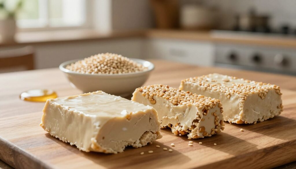 A beautifully arranged display of sesame halva on a wooden table, showcasing its creamy texture and light, nutty color. In the foreground, a close-up of a piece of halva with a smooth surface, revealing its crumbly interior. In the middle ground, a small bowl of raw sesame seeds, accompanied by a drizzle of honey, highlighting the key ingredients. The background softly fades into a rustic kitchen setting with warm, natural light filtering through a window, casting gentle shadows. The atmosphere is inviting and homey, emphasizing the wholesome nature of halva. Shot with a macro lens to capture intricate details, providing a sense of warmth and comfort. A beautifully arranged display of sesame halva on a wooden table, showcasing its creamy texture and light, nutty color. In the foreground, a close-up of a piece of halva with a smooth surface, revealing its crumbly interior. In the middle ground, a small bowl of raw sesame seeds, accompanied by a drizzle of honey, highlighting the key ingredients. The background softly fades into a rustic kitchen setting with warm, natural light filtering through a window, casting gentle shadows. The atmosphere is inviting and homey, emphasizing the wholesome nature of halva. Shot with a macro lens to capture intricate details, providing a sense of warmth and comfort.