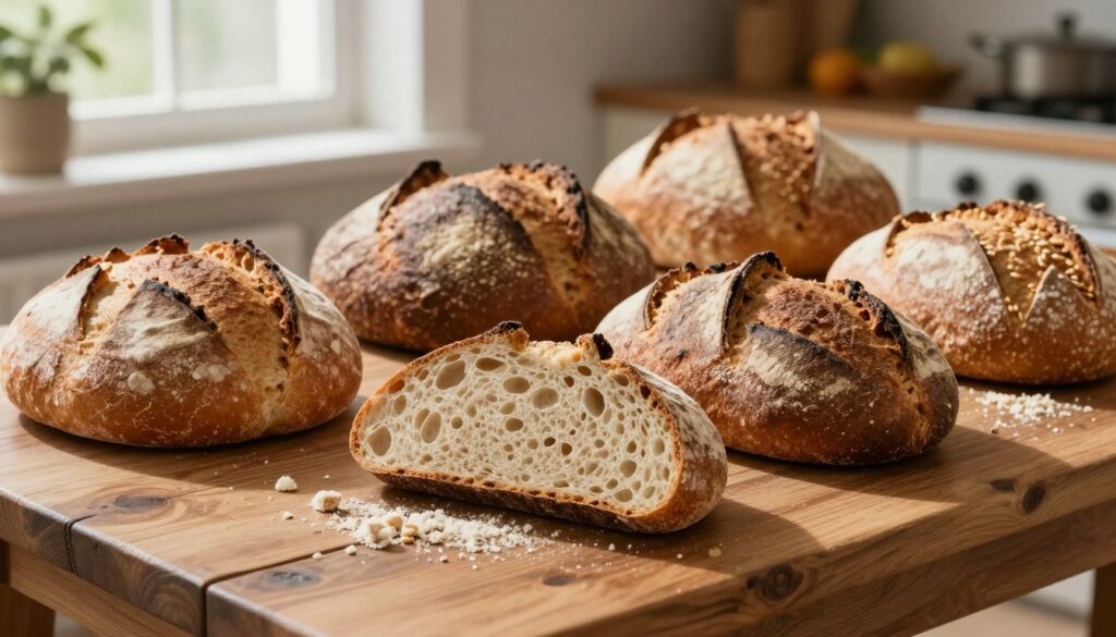A beautifully arranged display of various sourdough breads on a rustic wooden table, showcasing different textures and colors of crusts. In the foreground, a sliced loaf reveals a soft, airy interior, with crumbs scattered artistically around it. In the middle ground, whole loaves of sourdough and artisanal breads provide a visual feast, with a cozy kitchen ambiance created by warm, natural lighting streaming in through a nearby window. The background features a subtle hint of healthy grains and vegetables, suggesting a focus on diet and wellness. The mood is inviting and warm, emphasizing the theme of nourishment and satisfaction while hinting at the balance between enjoyment and health. Soft focus on the background enhances the loaves in the foreground.