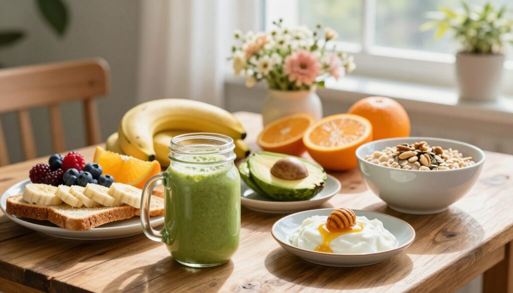 A beautifully arranged healthy breakfast spread on a rustic wooden table, featuring a variety of vibrant fruits such as berries, bananas, and oranges, alongside whole-grain toast, creamy avocado, and a bowl of oatmeal topped with nuts and seeds. In the foreground, a mason jar filled with a refreshing green smoothie is positioned next to a small plate of Greek yogurt drizzled with honey. The middle ground showcases a delicate floral arrangement for added color. Soft, natural sunlight streams through a nearby window, casting warm, inviting light across the scene, creating a cozy and uplifting atmosphere. The overall composition should evoke a sense of healthiness and vitality, perfect for a nutritious morning start. A beautifully arranged healthy breakfast spread on a rustic wooden table, featuring a variety of vibrant fruits such as berries, bananas, and oranges, alongside whole-grain toast, creamy avocado, and a bowl of oatmeal topped with nuts and seeds. In the foreground, a mason jar filled with a refreshing green smoothie is positioned next to a small plate of Greek yogurt drizzled with honey. The middle ground showcases a delicate floral arrangement for added color. Soft, natural sunlight streams through a nearby window, casting warm, inviting light across the scene, creating a cozy and uplifting atmosphere. The overall composition should evoke a sense of healthiness and vitality, perfect for a nutritious morning start.