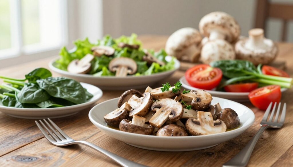 A beautifully arranged low-calorie meal featuring mushrooms prominently, set on a rustic wooden table. In the foreground, there are various dishes showcasing cooked and raw mushrooms, vibrant vegetables like spinach and tomatoes, and a sprinkle of fresh herbs. The middle ground includes a soft-focus view of a green leafy salad garnished with sliced mushrooms, while in the background, there are fresh whole mushrooms and a touch of natural light streaming in through a window, creating a warm and inviting atmosphere. The image should capture a healthy, appetizing feel that conveys the essence of a nutritious diet, with an emphasis on mushrooms as a key ingredient. Use soft, natural lighting to enhance the freshness of the food. A slight overhead angle will provide a comprehensive view of the meal presentation.