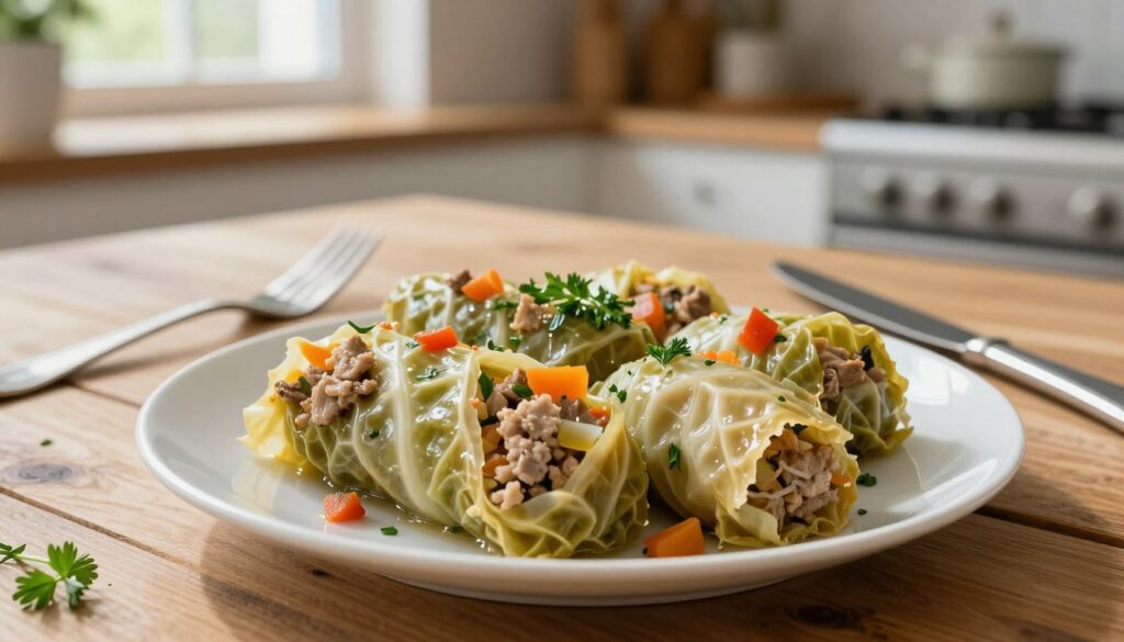 A beautifully arranged plate featuring gołąbki, or stuffed cabbage rolls, filled with a light filling of lean meat and vegetables. The foreground showcases a portion of the dish, artfully plated with a sprinkle of fresh herbs for garnish. The middle ground includes a rustic wooden table surface with a fork and knife elegantly positioned beside the plate. In the background, a softly blurred kitchen setting adds warmth, illuminated by natural daylight streaming in through a window. The atmosphere conveys a sense of freshness and healthfulness, emphasizing a lighter version of a traditional Polish dish. The colors are vibrant, showcasing the green cabbage leaves and colorful filling, creating an inviting and appetizing composition. A beautifully arranged plate featuring gołąbki, or stuffed cabbage rolls, filled with a light filling of lean meat and vegetables. The foreground showcases a portion of the dish, artfully plated with a sprinkle of fresh herbs for garnish. The middle ground includes a rustic wooden table surface with a fork and knife elegantly positioned beside the plate. In the background, a softly blurred kitchen setting adds warmth, illuminated by natural daylight streaming in through a window. The atmosphere conveys a sense of freshness and healthfulness, emphasizing a lighter version of a traditional Polish dish. The colors are vibrant, showcasing the green cabbage leaves and colorful filling, creating an inviting and appetizing composition.