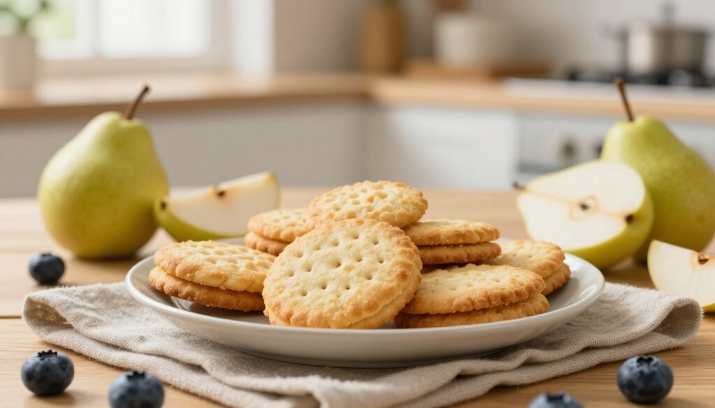 A beautifully arranged plate of delicate, light digestive biscuits (herbatniki) placed on a soft linen napkin, emanating a sense of serenity and health consciousness. In the foreground, the biscuits are crisp and golden, with a subtle texture that highlights their lightness, surrounded by fresh, vibrant fruits like pear slices and blueberries, symbolizing a balanced diet. In the middle background, a tastefully designed wooden table complements a softly colored kitchen setting, with gentle morning light filtering through a window, casting a warm glow. The overall mood is inviting and calming, perfect for those on a gentle diet, reflecting a mindful approach to eating. The focus should be sharp on the biscuits and fresh fruits, with a slightly blurred background to emphasize the main subject. A beautifully arranged plate of delicate, light digestive biscuits (herbatniki) placed on a soft linen napkin, emanating a sense of serenity and health consciousness. In the foreground, the biscuits are crisp and golden, with a subtle texture that highlights their lightness, surrounded by fresh, vibrant fruits like pear slices and blueberries, symbolizing a balanced diet. In the middle background, a tastefully designed wooden table complements a softly colored kitchen setting, with gentle morning light filtering through a window, casting a warm glow. The overall mood is inviting and calming, perfect for those on a gentle diet, reflecting a mindful approach to eating. The focus should be sharp on the biscuits and fresh fruits, with a slightly blurred background to emphasize the main subject.