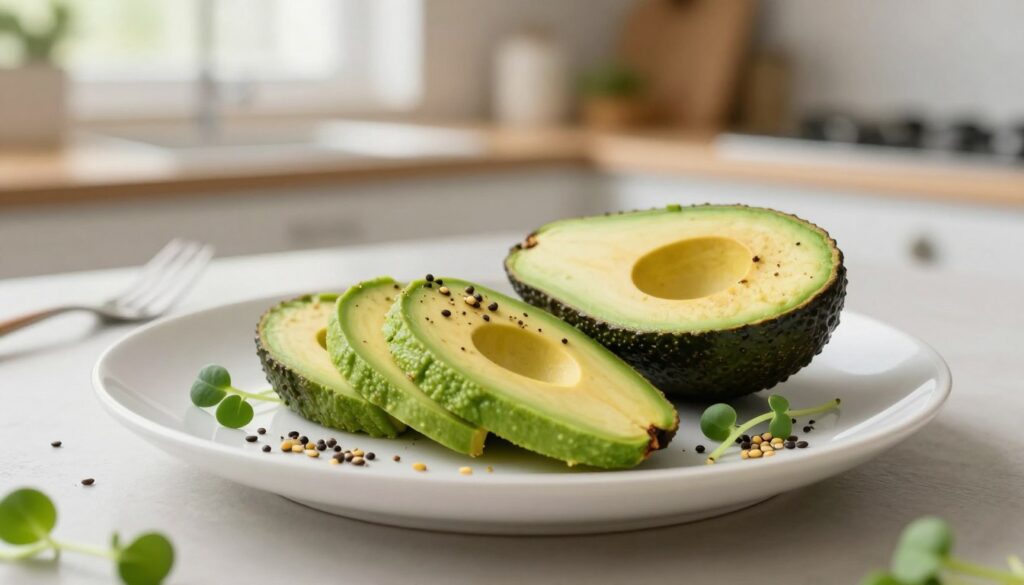 A beautifully arranged portion of fresh avocado, meticulously sliced and presented on a clean white plate. The avocado halves reveal the vibrant green flesh and creamy texture, showcasing perfect ripeness. Surrounding the plate, a sprinkle of nutritious seeds and microgreens adds a touch of color and healthfulness. In the background, a soft-focus kitchen setting suggests a healthy lifestyle, with warm, natural light flooding in from a nearby window. The scene captures a calm and inviting atmosphere, perfect for a diet-conscious audience. A close-up shot, taken from a slightly elevated angle, emphasizes the aesthetics of the avocado while maintaining a sense of freshness and vitality. No text or watermarks should appear in the image. A beautifully arranged portion of fresh avocado, meticulously sliced and presented on a clean white plate. The avocado halves reveal the vibrant green flesh and creamy texture, showcasing perfect ripeness. Surrounding the plate, a sprinkle of nutritious seeds and microgreens adds a touch of color and healthfulness. In the background, a soft-focus kitchen setting suggests a healthy lifestyle, with warm, natural light flooding in from a nearby window. The scene captures a calm and inviting atmosphere, perfect for a diet-conscious audience. A close-up shot, taken from a slightly elevated angle, emphasizes the aesthetics of the avocado while maintaining a sense of freshness and vitality. No text or watermarks should appear in the image.