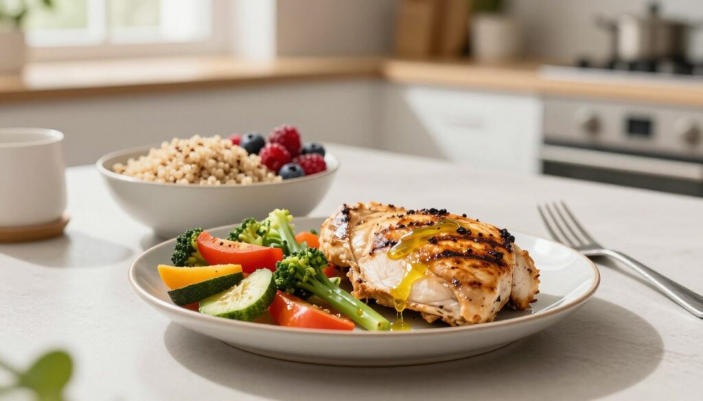 A beautifully arranged table featuring a balanced meal showcasing the combination of proteins, fats, and carbohydrates. In the foreground, a vibrant plate with grilled chicken and a colorful side of mixed vegetables drizzled with olive oil, symbolizing healthy fats. In the middle ground, a bowl of quinoa and a serving of berries, representing wholesome carbohydrates. The background features a softly blurred kitchen setting, with sunlight streaming through a window, creating a warm and inviting atmosphere. The table is set with minimalist decor, emphasizing the meal. The scene conveys a sense of health, vitality, and nutritional balance, captured with a soft focus lens to enhance the inviting mood. Aim for a bright, cheerful ambiance with natural lighting to highlight the freshness of the ingredients.