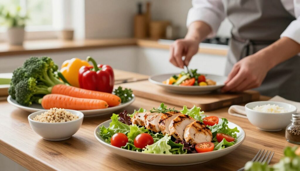 A beautifully arranged table filled with colorful and nutritious meals for a balanced reduction diet. In the foreground, a vibrant salad with leafy greens, cherry tomatoes, and slices of grilled chicken, alongside a small bowl of quinoa. In the middle ground, a variety of colorful vegetables such as bell peppers, carrots, and broccoli, creating a rich tapestry of color. The background features a serene kitchen setting with natural light streaming in, giving a warm atmosphere. A chef, dressed in a professional apron, is thoughtfully plating a dish, showcasing creativity in meal preparation. The focus is on wholesome ingredients that convey a sense of health and vitality, inspiring a balanced approach to meal composition. The overall mood is inviting and encouraging, aimed at promoting healthy eating habits. A beautifully arranged table filled with colorful and nutritious meals for a balanced reduction diet. In the foreground, a vibrant salad with leafy greens, cherry tomatoes, and slices of grilled chicken, alongside a small bowl of quinoa. In the middle ground, a variety of colorful vegetables such as bell peppers, carrots, and broccoli, creating a rich tapestry of color. The background features a serene kitchen setting with natural light streaming in, giving a warm atmosphere. A chef, dressed in a professional apron, is thoughtfully plating a dish, showcasing creativity in meal preparation. The focus is on wholesome ingredients that convey a sense of health and vitality, inspiring a balanced approach to meal composition. The overall mood is inviting and encouraging, aimed at promoting healthy eating habits.