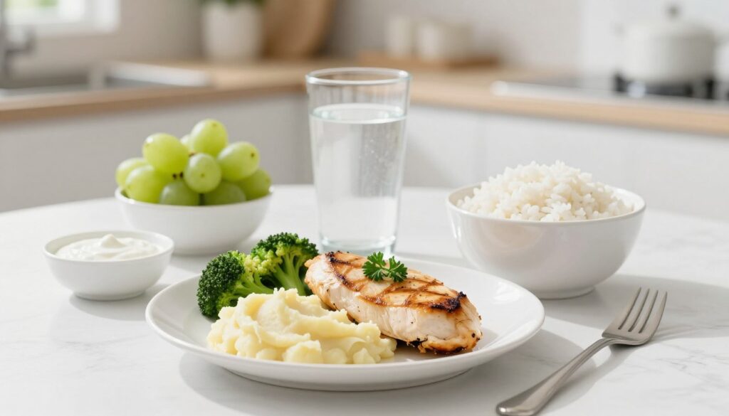 A beautifully arranged white diet meal plan on a clean, elegant table setting. In the foreground, include a plate with soft, creamy mashed potatoes, grilled chicken breast garnished with parsley, and steamed broccoli. A bowl of plain white rice with a small dish of yogurt sauce complements the meal. In the middle, display a glass of refreshing coconut water and a small bowl of green grapes. The background should consist of a softly blurred kitchen environment, radiant natural light streaming in through a window, casting gentle shadows. Use a shallow depth of field to highlight the vibrant white and soft pastel colors of the food. The mood is fresh, clean, and health-focused, evoking the cleanliness and simplicity of a white diet after teeth whitening.