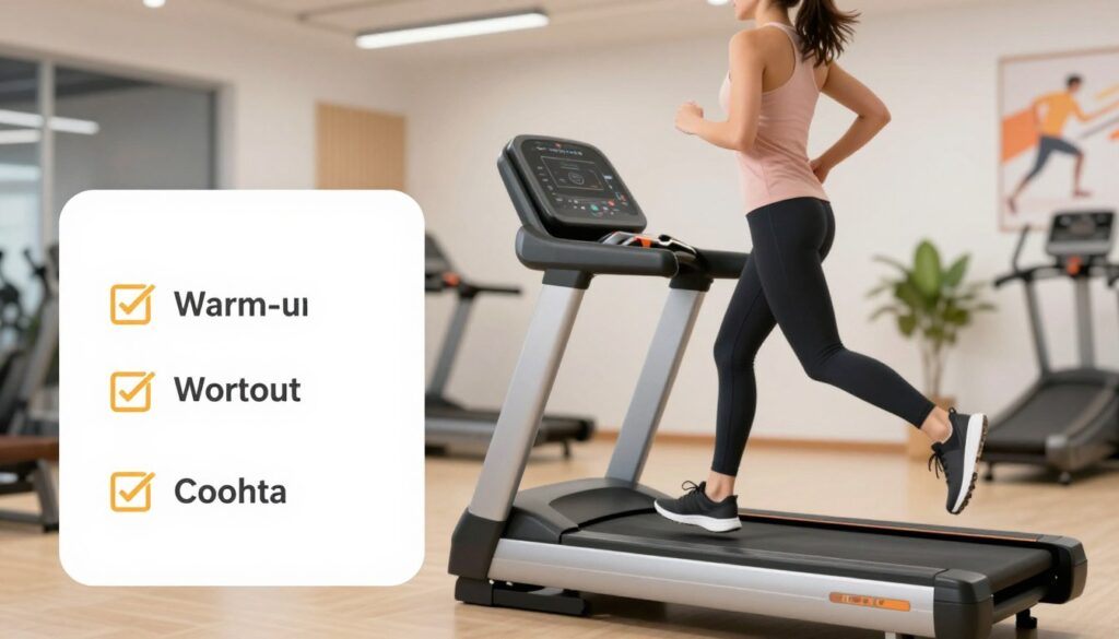 A beginner-friendly treadmill training plan displayed visually, featuring an organized layout with an infographic style. In the foreground, include a simple, illustrated checklist showing key elements like warm-up, main workout, and cool-down phases. In the middle, depict an illustrated treadmill with a person in modest athletic clothing demonstrating proper running form. The background should feature a softly lit gym environment, with motivational elements like posters or plants to create an uplifting atmosphere. Use bright, inviting colors to enhance the mood of enthusiasm and encouragement. The angle should be slightly elevated to showcase both the treadmill and the checklist clearly, ensuring a clean, professional look without any text or graphics that distract from the main subject.