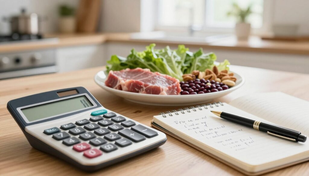 A clean and informative image focused on the calculation of daily protein needs. In the foreground, display a modern calculator, a notepad, and a pen, with handwritten protein equations and figures visible on the notepad. In the middle, show a balanced plate of healthy foods like lean meat, legumes, and nuts to symbolize protein sources. The background should feature a cozy kitchen with soft natural lighting coming from a window, enhancing the warm and inviting atmosphere. Use a shallow depth of field to create a professional yet approachable vibe. Aim for a bright and uplifting mood that encourages readers to engage with the content on dietary protein calculation. A clean and informative image focused on the calculation of daily protein needs. In the foreground, display a modern calculator, a notepad, and a pen, with handwritten protein equations and figures visible on the notepad. In the middle, show a balanced plate of healthy foods like lean meat, legumes, and nuts to symbolize protein sources. The background should feature a cozy kitchen with soft natural lighting coming from a window, enhancing the warm and inviting atmosphere. Use a shallow depth of field to create a professional yet approachable vibe. Aim for a bright and uplifting mood that encourages readers to engage with the content on dietary protein calculation.