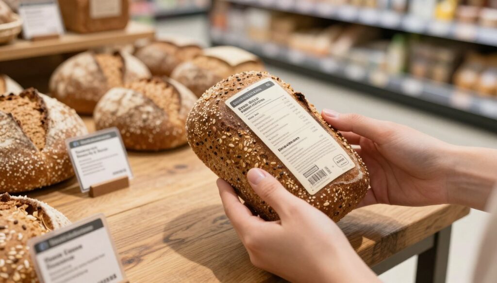 A clear and detailed image depicting a close-up view of a hand examining a loaf of bread with visible nutritional labels and ingredient lists. In the foreground, include a hand holding a piece of whole grain bread, examining the label, with clear, well-lit details highlighting ingredients like whole wheat, seeds, and grains. The middle ground should feature a rustic wooden table with various bread loaves and labels scattered around, emphasizing choices in bread. In the background, a softly blurred grocery store aisle can be seen, casting warm natural light that evokes a cozy shopping atmosphere. The image should evoke a sense of care and awareness in selecting healthy bread options, captured in a realistic, inviting style.