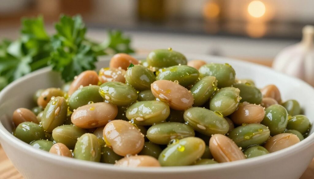 A close-up composition focusing on a bowl of cooked, vibrant green and light brown beans, glistening with a light drizzle of olive oil. Surround the bowl with fresh herbs like parsley and a touch of garlic, symbolizing natural digestion aid. In the background, a softly blurred kitchen setting with warm, ambient lighting enhances the cozy and inviting atmosphere. The lighting should accentuate the texture of the beans and the freshness of the herbs, creating a homely feeling. Use a shallow depth of field to keep the focus on the beans while hinting at a rustic kitchen environment, suggesting a healthy, wholesome meal. The overall mood should be warm and reassuring, emphasizing the beauty of nutritious food.