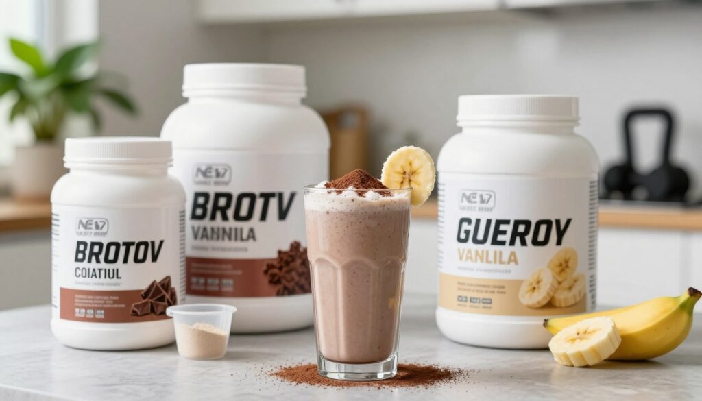 A close-up composition of protein supplements in a modern kitchen setting. In the foreground, a variety of protein powder containers, labeled clearly, with scoops beside them, showcasing flavors like chocolate and vanilla. In the middle, a sleek glass filled with a freshly prepared protein shake, garnished with a sprinkle of cocoa powder and a slice of banana. The background features a health-conscious atmosphere with green plants and fitness equipment subtly placed, suggesting an active lifestyle. Bright, natural lighting illuminates the scene, highlighting the texture of the supplements and the freshness of the shake. The mood is vibrant and motivating, ideal for encouraging healthy dietary choices. A close-up composition of protein supplements in a modern kitchen setting. In the foreground, a variety of protein powder containers, labeled clearly, with scoops beside them, showcasing flavors like chocolate and vanilla. In the middle, a sleek glass filled with a freshly prepared protein shake, garnished with a sprinkle of cocoa powder and a slice of banana. The background features a health-conscious atmosphere with green plants and fitness equipment subtly placed, suggesting an active lifestyle. Bright, natural lighting illuminates the scene, highlighting the texture of the supplements and the freshness of the shake. The mood is vibrant and motivating, ideal for encouraging healthy dietary choices.