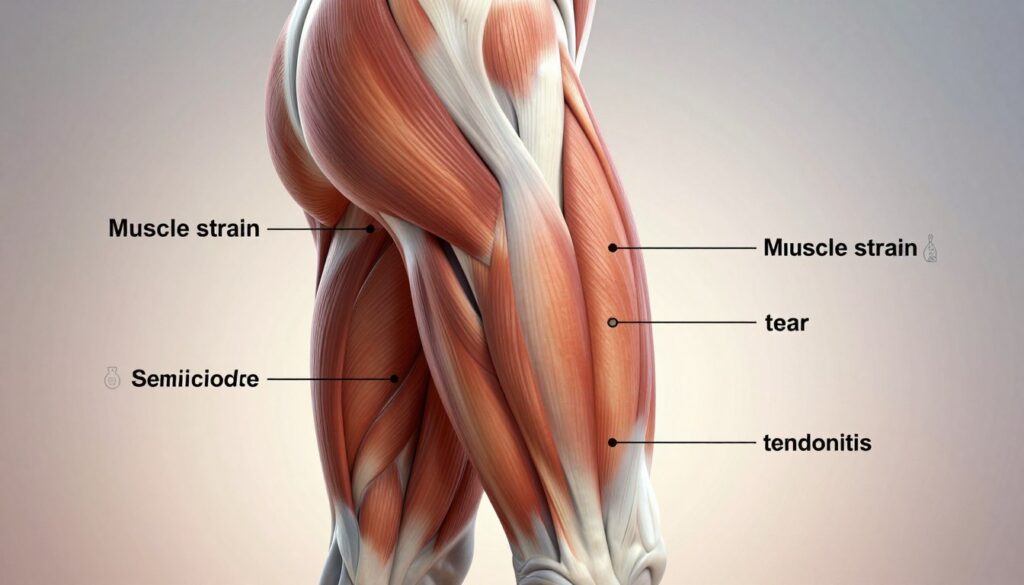 A close-up illustration of the back of a human thigh, focusing on the hamstring area. The thigh should show muscle anatomy, highlighting the biceps femoris and semitendinosus muscles, with subtle gradients to indicate tension and strain. Include an anatomical overlay featuring labels for common causes of pain, such as muscle strain, tear, and tendonitis, represented by semi-transparent icons. The background should be a soft gradient in muted colors, creating a professional and educational atmosphere, resembling a medical textbook. Use soft, diffused lighting to enhance visibility of the muscle details, captured from a slightly elevated angle to provide depth and clarity. The overall mood should be informative and focused, suitable for a medical article context.