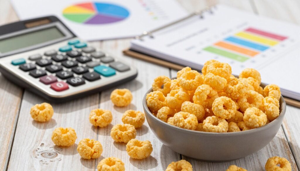 A close-up of corn puffs displayed on a rustic wooden table, highlighting their golden-yellow color and texture. In the foreground, a small bowl filled with corn puffs showcases their irregular shapes and airy lightness. The middle ground features a calculator and a notepad, suggesting analysis of nutritional information, while colorful charts and graphs depicting nutritional values hover subtly in the background. Bright, natural light streams in from the side, casting soft shadows and creating an inviting atmosphere. The overall mood is informative and vibrant, perfect for illustrating the nutritional aspects of corn puffs. No text or overlays are included; the focus is on the visual appeal and nutritional elements. A close-up of corn puffs displayed on a rustic wooden table, highlighting their golden-yellow color and texture. In the foreground, a small bowl filled with corn puffs showcases their irregular shapes and airy lightness. The middle ground features a calculator and a notepad, suggesting analysis of nutritional information, while colorful charts and graphs depicting nutritional values hover subtly in the background. Bright, natural light streams in from the side, casting soft shadows and creating an inviting atmosphere. The overall mood is informative and vibrant, perfect for illustrating the nutritional aspects of corn puffs. No text or overlays are included; the focus is on the visual appeal and nutritional elements.