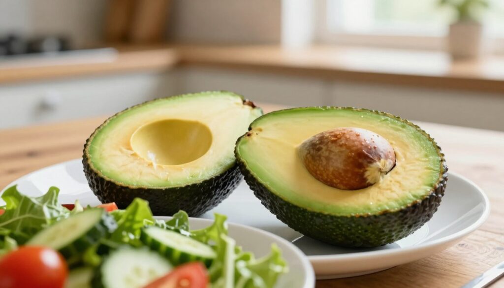 A close-up of two ripe, creamy avocados sliced in half, showcasing their smooth, light green flesh and the single large seed in the center. The foreground features a clean, white plate with a vibrant, fresh salad made of leafy greens, tomatoes, and cucumbers, enhancing the healthful theme. In the middle, the focus is on the avocados, glistening slightly under soft, natural lighting that creates a warm and inviting atmosphere. The background is softly blurred, depicting a rustic wooden kitchen table with gentle, diffused light streaming in from a nearby window. The overall mood is fresh, healthy, and light, reflecting the essence of easy digestion and healthy eating. A close-up of two ripe, creamy avocados sliced in half, showcasing their smooth, light green flesh and the single large seed in the center. The foreground features a clean, white plate with a vibrant, fresh salad made of leafy greens, tomatoes, and cucumbers, enhancing the healthful theme. In the middle, the focus is on the avocados, glistening slightly under soft, natural lighting that creates a warm and inviting atmosphere. The background is softly blurred, depicting a rustic wooden kitchen table with gentle, diffused light streaming in from a nearby window. The overall mood is fresh, healthy, and light, reflecting the essence of easy digestion and healthy eating.