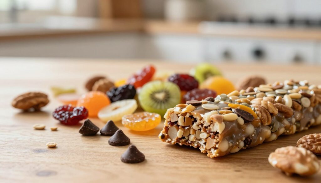 A close-up shot of a protein bar resting on a wooden table, surrounded by an assortment of ingredients that contribute to its composition like nuts, seeds, chocolate chips, and dried fruits. The foreground features the protein bar, with a bite taken out of it to reveal its chewy texture. In the middle ground, colorful ingredients are artfully scattered, with a slight sheen from natural oils reflecting in the soft lighting. The background showcases a blurred kitchen scene with warm, inviting hues, evoking a cozy atmosphere. Soft, diffused sunlight filters in, adding warmth and enhancing the natural colors of the ingredients. The overall mood is healthy and vibrant, emphasizing the nutritional aspects of protein bars and their role in satiety.