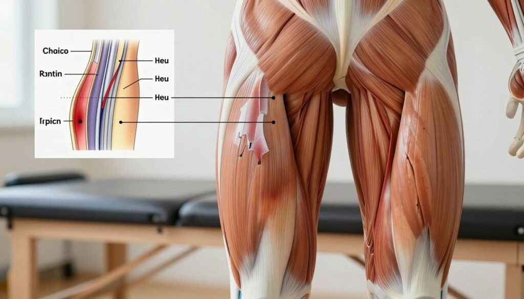 A close-up view of the posterior thigh muscles, specifically focusing on the biceps femoris, in a well-lit, clinical setting. The muscular structure is depicted in detail, showcasing varying degrees of strain and injury. In the foreground, an anatomical model or illustration highlights areas of bruising, stretching, and tearing with color-coded gradients for clarity. The middle ground includes an overlay of graphical representations of muscle fibers and their reactions to injuries, like contusions and strains. The background features a softly blurred physical therapy environment, enhancing the professional atmosphere. The lighting is bright and clinical, emphasizing the muscular details, while aiming for a neutral and informative mood without any distractions.