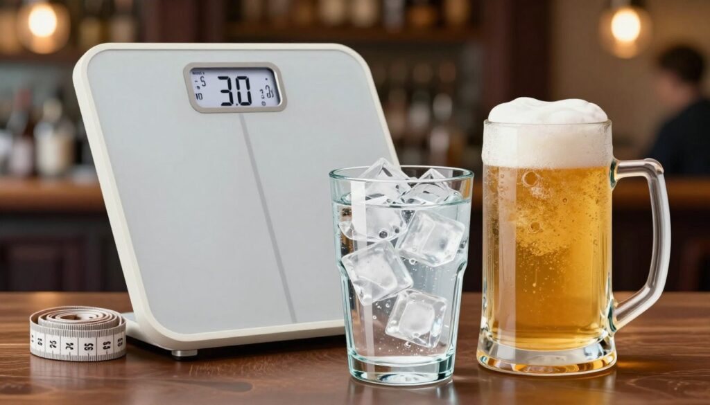 A conceptual illustration depicting the concept of water retention after alcohol consumption. In the foreground, a glass of water partially filled with ice cubes is placed next to a frosty beer mug, both reflecting light in a way that suggests refreshing hydration. The middle ground features a scale, slightly tilted, with a measuring tape coiled beside it to symbolize weight fluctuations. The background showcases a blurred setting of a casual bar environment, with soft warm lighting to create an inviting atmosphere. Consider a lens effect that adds a subtle depth of field, drawing attention to the foreground while hinting at carefree socializing, yet conveying a sense of caution about the effects of alcohol on the body. A conceptual illustration depicting the concept of water retention after alcohol consumption. In the foreground, a glass of water partially filled with ice cubes is placed next to a frosty beer mug, both reflecting light in a way that suggests refreshing hydration. The middle ground features a scale, slightly tilted, with a measuring tape coiled beside it to symbolize weight fluctuations. The background showcases a blurred setting of a casual bar environment, with soft warm lighting to create an inviting atmosphere. Consider a lens effect that adds a subtle depth of field, drawing attention to the foreground while hinting at carefree socializing, yet conveying a sense of caution about the effects of alcohol on the body.