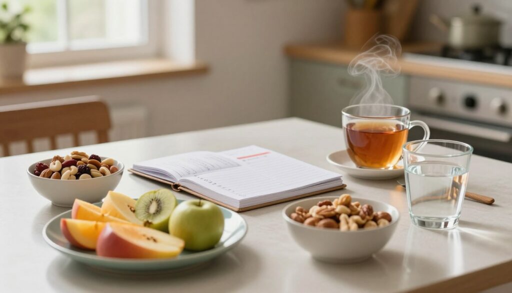A cozy kitchen setting, where a neat table is laid out with a variety of healthy meals and snacks arranged artfully. In the foreground, there's a colorful plate of sliced fruits, a bowl of mixed nuts, and a glass of water, all conveying a focus on balanced nutrition. In the middle, a planner or notebook opened to a meal schedule rests next to a steaming mug of herbal tea, symbolizing meal timing and planning. The background features warm, soft lighting from a window, with a hint of greenery outside, creating a serene atmosphere. The image should evoke a sense of calm and intentionality, emphasizing mindfulness in eating and how adjusting meal frequencies can help control hunger during a diet. A cozy kitchen setting, where a neat table is laid out with a variety of healthy meals and snacks arranged artfully. In the foreground, there's a colorful plate of sliced fruits, a bowl of mixed nuts, and a glass of water, all conveying a focus on balanced nutrition. In the middle, a planner or notebook opened to a meal schedule rests next to a steaming mug of herbal tea, symbolizing meal timing and planning. The background features warm, soft lighting from a window, with a hint of greenery outside, creating a serene atmosphere. The image should evoke a sense of calm and intentionality, emphasizing mindfulness in eating and how adjusting meal frequencies can help control hunger during a diet.