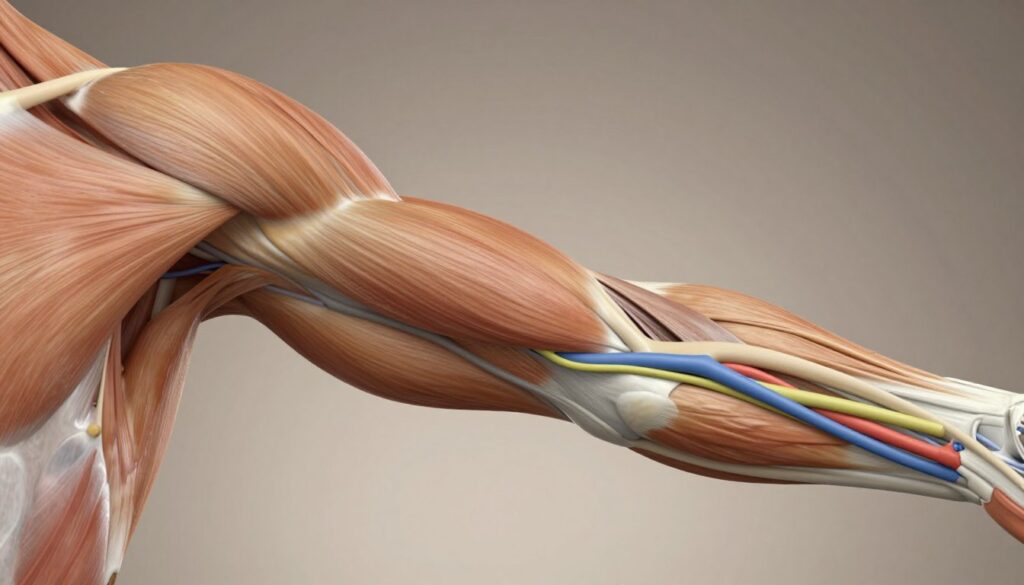A detailed anatomical illustration focusing on the innervation and vascularization of the human biceps brachii muscle. In the foreground, depict a clear and precise diagram of the biceps muscle, showcasing its fibers. Highlight the surrounding nerves such as the musculocutaneous nerve, and the blood vessels like the brachial artery, clearly indicating their paths and connections. In the middle ground, include subtle anatomical structures of the arm, like the triceps and surrounding fascia. The background should be a neutral, soft gradient to avoid distraction from the main elements. Use soft lighting to enhance the details, and employ a slightly elevated angle to provide a comprehensive view. The atmosphere should feel educational and professional, ideal for an academic context.