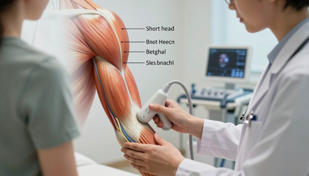 A detailed anatomical illustration of the bicep muscle (biceps brachii) focusing on its diagnostic assessment for pain. In the foreground, a professional healthcare practitioner, dressed in modest business attire, is examining a patient’s arm, gently applying a diagnostic ultrasound device to the biceps area. The middle ground features a clear view of the bicep muscle anatomy, with labeled structures such as the short head, long head, and tendons, displayed with vibrant colors. The background includes a medical examination room with soft, ambient lighting to create a calm atmosphere. The perspective should be slightly elevated to capture both the practitioner’s interaction and the detailed anatomy effectively. A detailed anatomical illustration of the bicep muscle (biceps brachii) focusing on its diagnostic assessment for pain. In the foreground, a professional healthcare practitioner, dressed in modest business attire, is examining a patient’s arm, gently applying a diagnostic ultrasound device to the biceps area. The middle ground features a clear view of the bicep muscle anatomy, with labeled structures such as the short head, long head, and tendons, displayed with vibrant colors. The background includes a medical examination room with soft, ambient lighting to create a calm atmosphere. The perspective should be slightly elevated to capture both the practitioner’s interaction and the detailed anatomy effectively.
