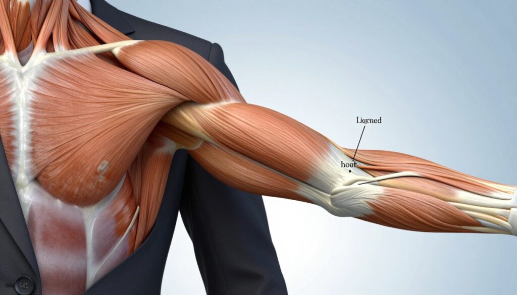 A detailed anatomical illustration of the biceps brachii muscle, showcasing its structure and anatomical attachments. In the foreground, focus on a highly accurate depiction of the biceps brachii muscle, emphasizing its two heads – the long head and the short head – with clear labels for each. The middle ground should feature a human arm in a natural, relaxed position, clad in professional attire, to provide context for the anatomy. The background should be a soft gradient, ensuring the muscle details stand out. Use bright, clinical lighting to highlight the muscle fibers and anatomical details. Aim for a scientific yet approachable atmosphere, suitable for educational purposes. No text overlays or distractions should be present.