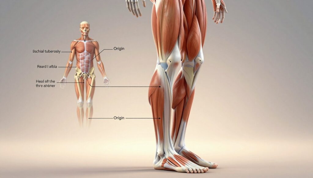 A detailed anatomical illustration of the hamstring muscle, specifically focusing on the biceps femoris, showcasing its structure and attachment points on the posterior side of the leg. The foreground features a well-defined leg in a natural standing position, showing muscle definition and clear visibility of the hamstring area. The middle ground includes an anatomical overlay, labeling key points like the origin at the ischial tuberosity and insertion at the head of the fibula. The background should be a soft gradient that supports the anatomical features, using warm lighting to create an inviting atmosphere. The image should have a slight perspective angle to enhance depth, with high-resolution detail to emphasize muscle fibers and tendons.