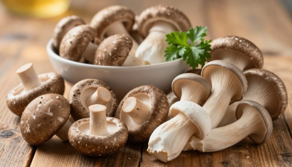 A detailed close-up of a variety of edible mushrooms arranged artfully on a rustic wooden table. The foreground features a mixed selection of mushrooms, such as shiitake, portobello, and oyster, displaying their unique textures and colors in vibrant shades of brown, white, and cream. In the middle background, a softly lit bowl of freshly harvested mushrooms is elegantly placed beside a small sprig of parsley for contrast. The overall lighting is warm and natural, mimicking golden hour sunlight, creating a cozy and inviting atmosphere. The depth of field is shallow, focusing on the mushrooms while gently blurring the background to emphasize their nutritional value and appeal. The composition conveys a sense of health and vitality, underscoring the significance of mushrooms in a nutritious diet.