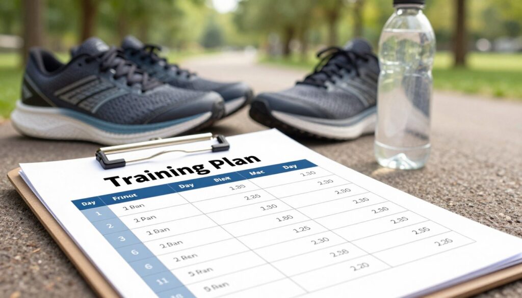 A detailed illustration of a beginner's training plan for running, featuring a visually appealing layout of a training schedule on a clipboard. In the foreground, the clipboard is open, showcasing a weekly plan with labeled days and suggested distances in a clean, organized font. In the middle ground, a pair of running shoes and a water bottle are placed beside the clipboard, emphasizing preparation. The background includes a serene park with a path winding through green trees, suggesting a relaxing environment for exercise. The lighting is bright and inviting, reminiscent of a sunny day, enhancing the feeling of motivation and positivity. Capture a sense of encouragement and warmth, appealing to novice runners. Ensure all elements are professional and free of any text overlays.