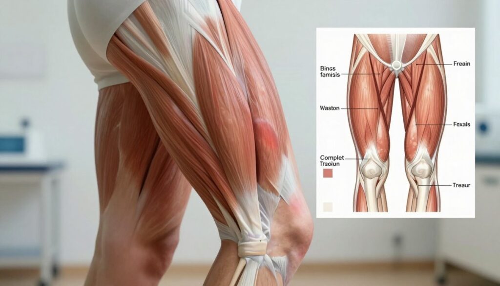 A detailed illustration of a human thigh muscle, specifically the biceps femoris, showcasing symptoms of strain, partial tear, and complete tear. In the foreground, the thigh is prominently displayed with a focus on the muscle structure, illustrating swelling and bruising. The middle ground should feature a clear medical diagram overlay highlighting different injury levels, represented by color codes. The background should depict a clinical setting, lightly blurred to emphasize the main subject. Soft, diffused lighting creates a clinical and informative atmosphere, while a slight vignette accentuates the focus on the thigh. The angle should be slightly above the horizontal plane, providing a clear view of the muscle's anatomical details without human subjects.