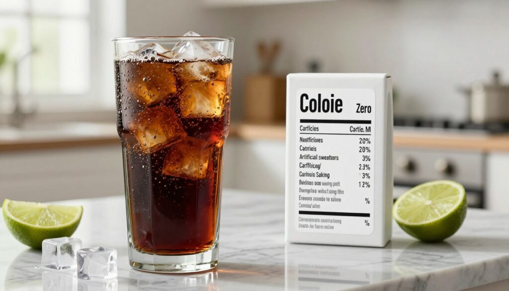 A detailed illustration of a transparent glass filled with Cola Zero, showcasing its fizzy bubbles and dark coloration, placed on a sleek marble countertop. In the foreground, include a few ice cubes and a slice of lime to add freshness. The middle ground features a nutrition label visibly displaying its calorie count and key ingredients like artificial sweeteners. In the background, softly blurred, there’s a relaxed kitchen environment with soft natural light filtering through a window, creating a warm and inviting atmosphere. The image should evoke clarity and health awareness, with a focus on the drink's composition and calorie-related information. The angle should be slightly elevated, offering a dynamic view of the drink and label without any text or logos visible.