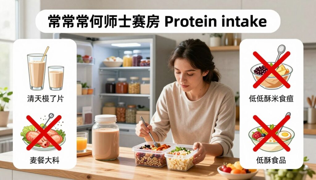 A detailed infographic illustrating common mistakes in increasing protein intake, set in a well-lit kitchen environment. In the foreground, feature a professional-looking individual, a nutritionist, in modest casual attire, analyzing a protein-rich meal prep on a wooden countertop. The background shows a refrigerator filled with various protein sources like chicken, legumes, and protein powders. To the sides, include visual representations of incorrect portion sizes and unbalanced meals, depicted with crossed-out images of excessive protein shakes and low-carbohydrate balanced meals. The mood should be educational and informative, with natural lighting illuminating the scene, creating clear shadows and highlights to emphasize the importance of proper protein intake. Use a slightly elevated angle to capture depth in the kitchen space. A detailed infographic illustrating common mistakes in increasing protein intake, set in a well-lit kitchen environment. In the foreground, feature a professional-looking individual, a nutritionist, in modest casual attire, analyzing a protein-rich meal prep on a wooden countertop. The background shows a refrigerator filled with various protein sources like chicken, legumes, and protein powders. To the sides, include visual representations of incorrect portion sizes and unbalanced meals, depicted with crossed-out images of excessive protein shakes and low-carbohydrate balanced meals. The mood should be educational and informative, with natural lighting illuminating the scene, creating clear shadows and highlights to emphasize the importance of proper protein intake. Use a slightly elevated angle to capture depth in the kitchen space.