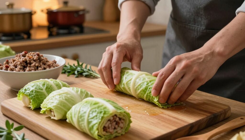 A detailed step-by-step depiction of preparing stuffed cabbage rolls, known as gołąbki. In the foreground, show a beautifully arranged cutting board with fresh cabbage leaves, a bowl of seasoned ground meat mixture, and a wooden spoon. In the middle ground, highlight hands skillfully rolling the cabbage around the filling, emphasizing the texture of the ingredients. In the background, portray a cozy kitchen setting with warm ambient lighting, pots simmering on the stove, and herbs on the counter, creating a homey atmosphere. The image should evoke a sense of warmth and tradition, perfectly capturing the essence of making a lighter version of this beloved dish. Use a slightly overhead angle to allow for an engaging view of the rolling process. A detailed step-by-step depiction of preparing stuffed cabbage rolls, known as gołąbki. In the foreground, show a beautifully arranged cutting board with fresh cabbage leaves, a bowl of seasoned ground meat mixture, and a wooden spoon. In the middle ground, highlight hands skillfully rolling the cabbage around the filling, emphasizing the texture of the ingredients. In the background, portray a cozy kitchen setting with warm ambient lighting, pots simmering on the stove, and herbs on the counter, creating a homey atmosphere. The image should evoke a sense of warmth and tradition, perfectly capturing the essence of making a lighter version of this beloved dish. Use a slightly overhead angle to allow for an engaging view of the rolling process.