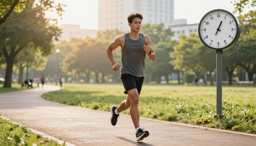 A dynamic scene depicting a runner in motion, showcasing the balance between running pace and fat reduction. In the foreground, a well-built and determined individual, clad in modest athletic wear, is sprinting along a scenic urban trail. Their expression reflects focus and effort, embodying the concept of effective fat-burning through running. The middle ground features a clock displaying different running speeds, symbolizing the correlation with fat loss. In the background, a vibrant park landscape with trees and early morning sunlight highlights the serenity of the running environment. The image captures a sense of energy and motivation, with bright, warm lighting accentuating the scene, creating an inspiring atmosphere. Ideal for illustrating the concept of running at the right pace for optimal fat reduction.