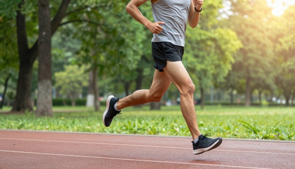 A dynamic scene illustrating a runner in a park, embodying the relationship between running pace and fat burning. In the foreground, a fit individual dressed in modest athletic wear is captured mid-stride, exuding determination and focus. The middle ground features a lush, green track lined with trees, suggesting a pleasant outdoor environment. In the background, soft sunlight filters through the tree leaves, creating a warm and inviting atmosphere, enhancing the feeling of vitality and health. The angle is low and slightly tilted upward, emphasizing the runner’s powerful movement while offering a sense of depth to the scene. The lighting is bright, highlighting the runner's physique and conveying an energetic mood, ideal for illustrating the concepts of running speed and fat loss.
