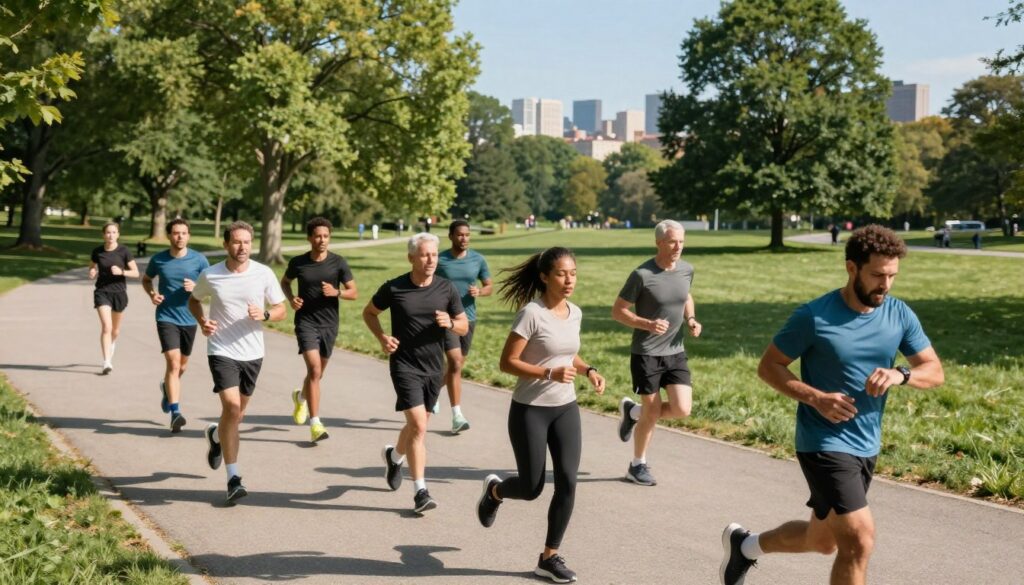 A dynamic scene illustrating the concept of running frequency and its long-term effects on fitness. In the foreground, a diverse group of runners in modest athletic clothing, showing various ages and body types, engaged in different running activities: some jogging lightly, others sprinting, and one individual checking their watch for time. The middle ground features a lush park setting with trees and a trail, symbolizing a healthy outdoor environment. The background includes a distant view of a city skyline under a clear blue sky, emphasizing urban athleticism. The lighting is bright and sunny, creating an energetic and motivational atmosphere. Capture the scene from a slightly elevated angle, providing depth and a sense of movement among the runners.
