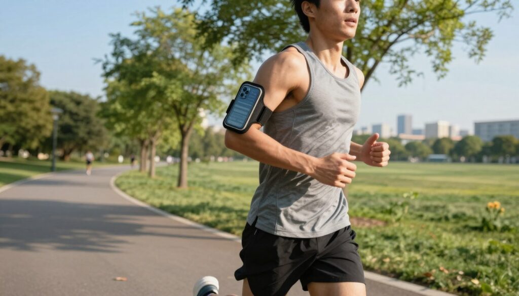 A dynamic scene of a fit individual jogging in a park, showcasing a stylish and practical smartphone holder designed for running. The foreground features the runner, wearing comfortable athletic gear, with the smartphone securely fastened in a sporty arm band. The middle ground includes a well-defined path surrounded by greenery, with trees swaying gently in a morning breeze, hinting at a vibrant, sunny atmosphere. The background displays a clear blue sky and distant city skyline, suggesting a metropolitan setting. Soft natural light casts gentle shadows, highlighting the runner's determined expression and fluid movements. The overall mood is energetic and motivating, capturing the essence of a focused workout while emphasizing convenience in smartphone usage during physical activity. A dynamic scene of a fit individual jogging in a park, showcasing a stylish and practical smartphone holder designed for running. The foreground features the runner, wearing comfortable athletic gear, with the smartphone securely fastened in a sporty arm band. The middle ground includes a well-defined path surrounded by greenery, with trees swaying gently in a morning breeze, hinting at a vibrant, sunny atmosphere. The background displays a clear blue sky and distant city skyline, suggesting a metropolitan setting. Soft natural light casts gentle shadows, highlighting the runner's determined expression and fluid movements. The overall mood is energetic and motivating, capturing the essence of a focused workout while emphasizing convenience in smartphone usage during physical activity.