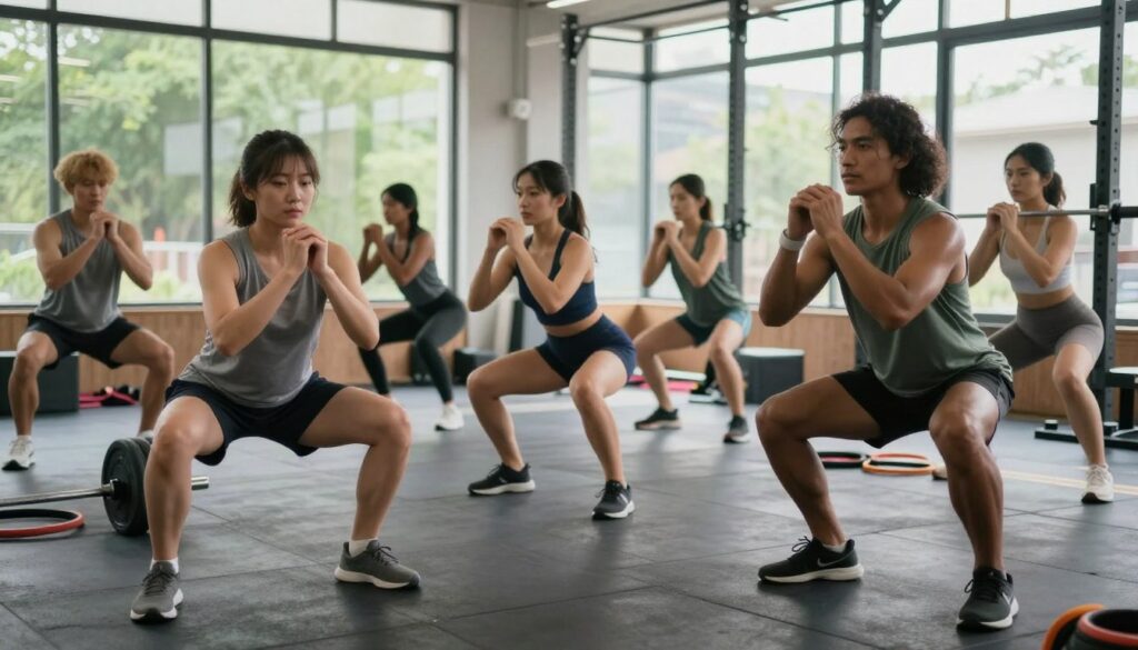 A dynamic scene showcasing strength training exercises tailored for runners. In the foreground, a diverse group of athletes in modest athletic wear engages in various strength exercises, such as squats and lunges, highlighting their focus and determination. The middle ground features various gym equipment, like barbells and resistance bands, arranged neatly with a vibrant, well-lit gym setting. The background showcases large windows letting in natural light, with green trees visible outside, conveying an uplifting, motivational atmosphere. Soft shadows add depth, while the camera angle captures the athletes from a slight low perspective, emphasizing their strength and commitment to enhancing their running performance. The overall mood is energetic, inspiring, and focused on improvement. A dynamic scene showcasing strength training exercises tailored for runners. In the foreground, a diverse group of athletes in modest athletic wear engages in various strength exercises, such as squats and lunges, highlighting their focus and determination. The middle ground features various gym equipment, like barbells and resistance bands, arranged neatly with a vibrant, well-lit gym setting. The background showcases large windows letting in natural light, with green trees visible outside, conveying an uplifting, motivational atmosphere. Soft shadows add depth, while the camera angle captures the athletes from a slight low perspective, emphasizing their strength and commitment to enhancing their running performance. The overall mood is energetic, inspiring, and focused on improvement.
