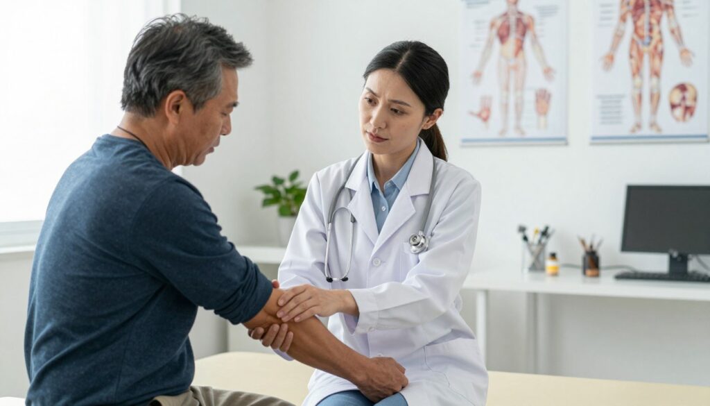 A focused and professional medical consultation scene in a well-lit doctor's office. In the foreground, a concerned patient, a middle-aged man in smart casual attire, sits on an examination table, holding his right arm with signs of discomfort. In the middle, a compassionate doctor, a woman in a white lab coat, attentively examines the patient's arm, her expression showing empathy and care. In the background, medical diagrams of the arm and anatomy posters decorate the walls, emphasizing the expertise involved in diagnosing arm pain. The soft, natural lighting creates a calm and reassuring atmosphere, while the angle captures both the patient and doctor in a collaborative discussion, highlighting the urgency and importance of seeking medical advice for arm injuries. A focused and professional medical consultation scene in a well-lit doctor's office. In the foreground, a concerned patient, a middle-aged man in smart casual attire, sits on an examination table, holding his right arm with signs of discomfort. In the middle, a compassionate doctor, a woman in a white lab coat, attentively examines the patient's arm, her expression showing empathy and care. In the background, medical diagrams of the arm and anatomy posters decorate the walls, emphasizing the expertise involved in diagnosing arm pain. The soft, natural lighting creates a calm and reassuring atmosphere, while the angle captures both the patient and doctor in a collaborative discussion, highlighting the urgency and importance of seeking medical advice for arm injuries.
