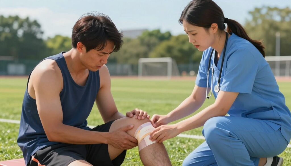 A focused medical illustration depicting a healthcare professional administering first aid for a suspected hamstring injury. In the foreground, a male patient in modest athletic wear is sitting on the ground holding his thigh, showing signs of discomfort. The healthcare provider, dressed in professional medical attire, is applying a bandage to the patient’s thigh with a concerned yet reassuring expression. In the middle ground, a grassy outdoor setting suggests an athletic field, with coaching equipment visible. The background features blurred trees and a clear blue sky, evoking a calm yet urgent atmosphere. Soft, natural lighting highlights the scene, enhancing the sense of compassionate care and immediate attention to injury. The angle is slightly above eye level, capturing the interaction between the caregiver and the patient.