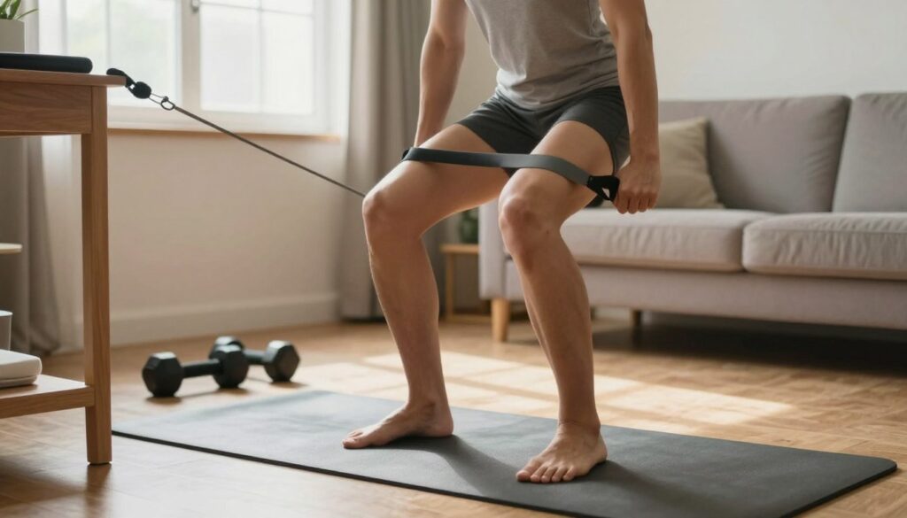 A home interior showcasing a person performing a leg curl exercise to strengthen the hamstring muscles. The individual, dressed in modest athletic wear, is positioned in the foreground, using a resistance band anchored to a sturdy piece of furniture. Their focus is evident as they demonstrate proper form, with a slight bend in the knee and an engaged core. In the middle ground, there’s an exercise mat and a couple of light weights, emphasizing a compact workout space. The background features a well-lit living room with soft, natural light streaming through a window, creating a warm and inviting atmosphere. The image captures a sense of determination and health, ideal for illustrating effective hamstring workouts without specialized equipment.