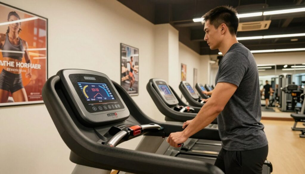 A modern gym interior featuring a treadmill set with specific settings for a beginner’s workout. In the foreground, a treadmill displays a digital panel showing speed, incline, and time options. To the side, a user wearing modest workout attire stands, adjusting the incline with a focused expression. The middle ground showcases a bright well-lit gym space with motivational posters on the walls. In the background, images of fitness equipment and mirrors reflect an inviting atmosphere. Soft overhead lighting creates a warm yet energetic mood, enhancing the vibrant colors of the gym environment. The angle is slightly elevated, capturing the details of the treadmill setup as well as the dedication of the beginner preparing for their workout.
