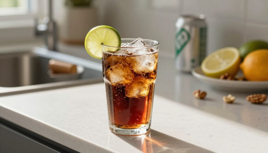A modern kitchen countertop featuring an open can of zero-calorie cola with ice cubes and a fresh lime wedge, surrounded by a reflected light that gives an enticing sparkle to the drink. In the foreground, a glass filled with cola and ice sits invitingly, showcasing the bubbles rising to the surface. The background includes a blurred view of healthy snacks like fruits and nuts, suggesting a balanced diet. Natural sunlight floods the scene, casting warm highlights and gentle shadows, creating a vibrant and refreshing atmosphere. The composition should emphasize the idea of guilt-free indulgence, without any text or distracting elements, capturing the essence of enjoying a zero-calorie beverage while on a diet.