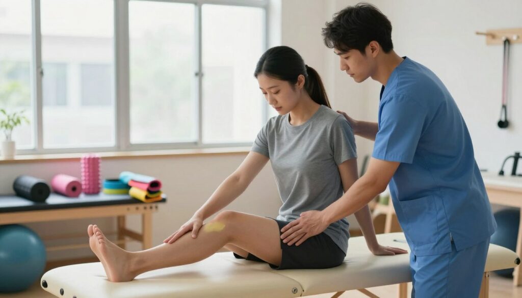 A physical therapist demonstrating rehabilitation techniques for a hamstring injury in a clinic environment. In the foreground, a focused therapist in professional attire assists a patient, who is seated on a treatment table, with gentle stretching exercises for the back of their leg. In the middle ground, various therapy equipment, such as resistance bands and foam rollers, are neatly organized. The background features large windows allowing soft, natural light to filter in, creating a bright and welcoming atmosphere. The scene conveys a sense of professionalism and care, showcasing a supportive environment that promotes recovery. The angle of the shot should be slightly elevated, capturing both the therapist and the patient in action, highlighting their engaged expressions.
