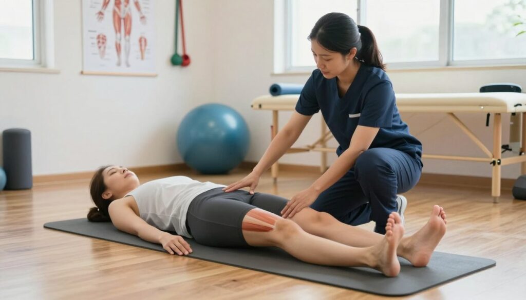 A physical therapist guiding a patient through a rehabilitation exercise focusing on the biceps femoris muscle (hamstring) in a bright, well-lit clinic. The therapist, dressed in professional attire, demonstrates a stretching technique, with an exercise mat placed on a polished wooden floor. The patient, in modest athletic wear, is positioned on the mat, engaging in a gentle stretch. The background features medical posters of muscle anatomy and rehabilitation equipment, such as resistance bands and exercise balls. Soft natural light filters through a window, creating a calming atmosphere that emphasizes recovery and wellness. The image conveys a sense of support, professionalism, and focus on rehabilitation.