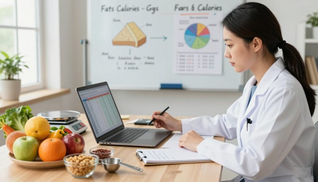 A professional dietitian working at a desk, analyzing nutritional data on a sleek laptop, surrounded by measuring spoons, food scales, and a notepad filled with calculations. The desk is cluttered with colorful fruits, vegetables, and healthy food samples, showcasing a balanced diet. In the background, a whiteboard displays diagrams explaining the conversion of fats from calories to grams, with charts and nutritional information. Soft, natural lighting filters in from a nearby window, creating a warm and inviting atmosphere, highlighting the importance of a healthy diet. The scene captures a focused moment of determination and knowledge, embodying a meticulous approach to nutrition and calorie management.