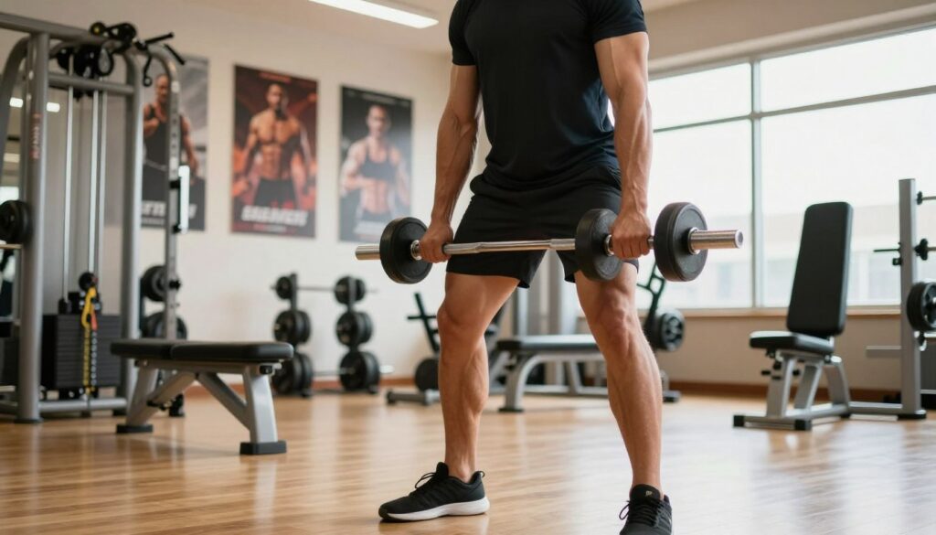 A professional fitness trainer demonstrating weight-loaded hamstring exercises in a bright gym. In the foreground, the trainer is in a focused stance, holding a barbell or dumbbells, with visible muscle definition showcasing the hamstring area. The middle ground features gym equipment like benches and weights, emphasizing a workout environment. The background includes motivational gym posters, soft natural light coming from large windows, and a polished wooden floor. The scene is energetic yet professional, capturing the essence of strength training and dedication, with warm, inviting tones that inspire fitness enthusiasts. The composition is captured from a slightly low angle, showcasing the trainer's strength and form effectively.