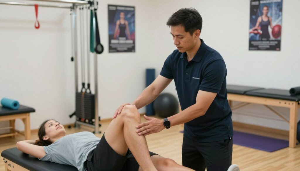 A professional physical therapist guides a patient through a rehabilitation exercise for the hamstring muscle. In the foreground, the therapist, dressed in a neat polo shirt and trousers, demonstrates proper form while gently assisting the patient, who is wearing sports attire. The middle ground features rehabilitation equipment like resistance bands and foam rollers, illustrating a clinical setting. In the background, a well-lit therapy room with motivational posters on the walls and exercise mats on the floor creates an inviting atmosphere. Soft, natural lighting highlights the focus on healing and recovery. The overall mood is encouraging, showcasing a dedicated environment aimed at muscle recovery and strength building.